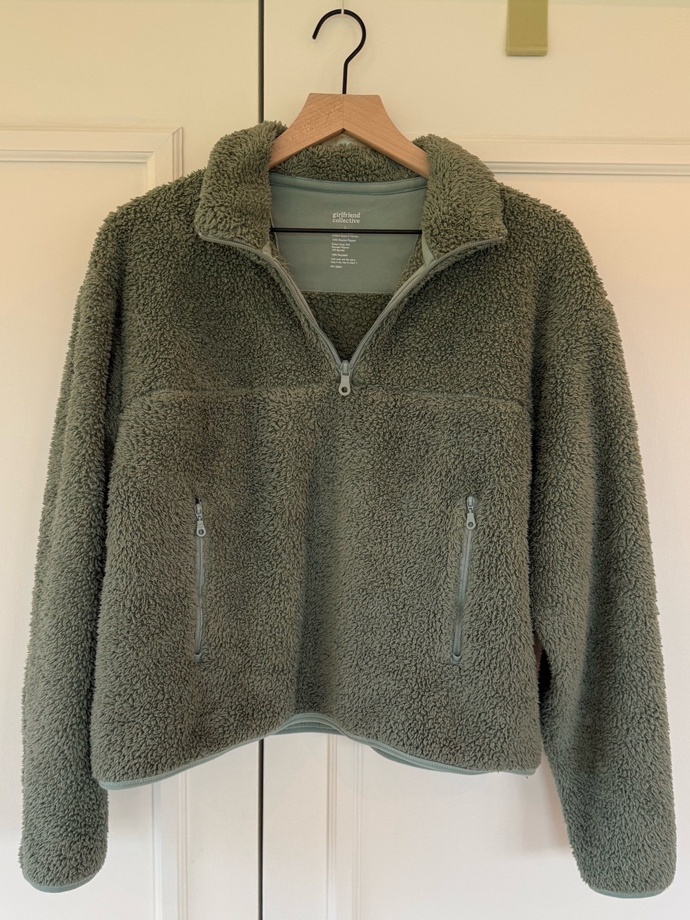 Girlfriend Collective Recycled Half-Zip Fleece in sage green, size L